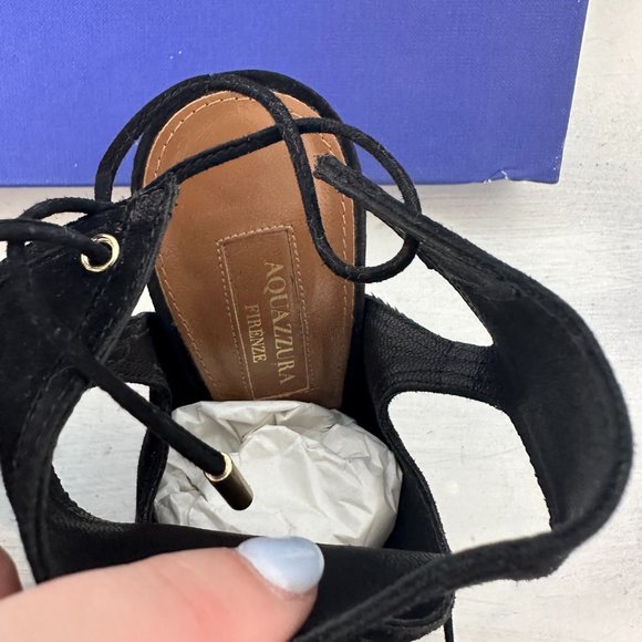 Aquazzura Sexy Thing 105 Cutout Peep Toe Sandals Sz 36 Black Suede Back Ties - Picture 8 of 13